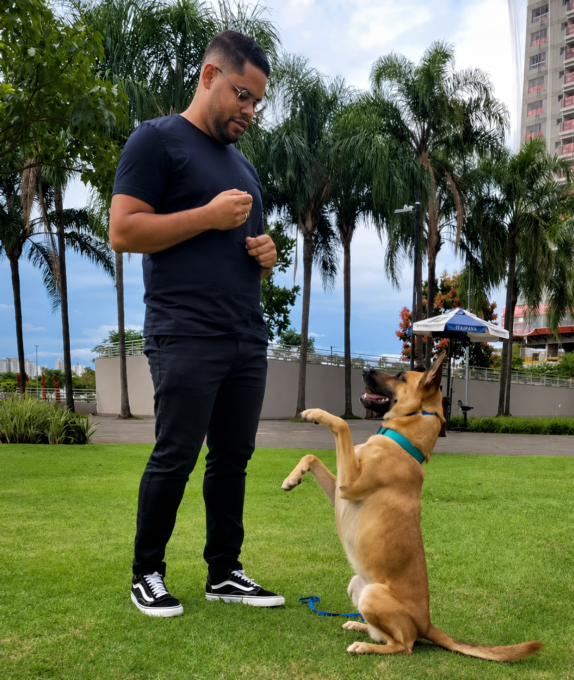 Cão de grande porte em postura de obediência